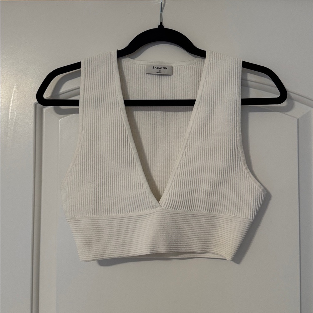 Aritzia Babaton Cream Ribbed V-Neck Crop Top